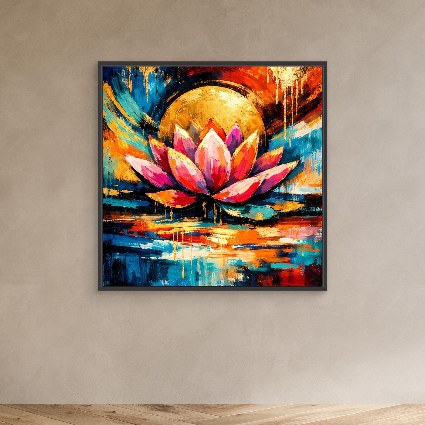 Leinwandbild mit abstrakter Lotusblüte, goldenem Halbmond und bunten Reflexionen, schwarzer Rahmen