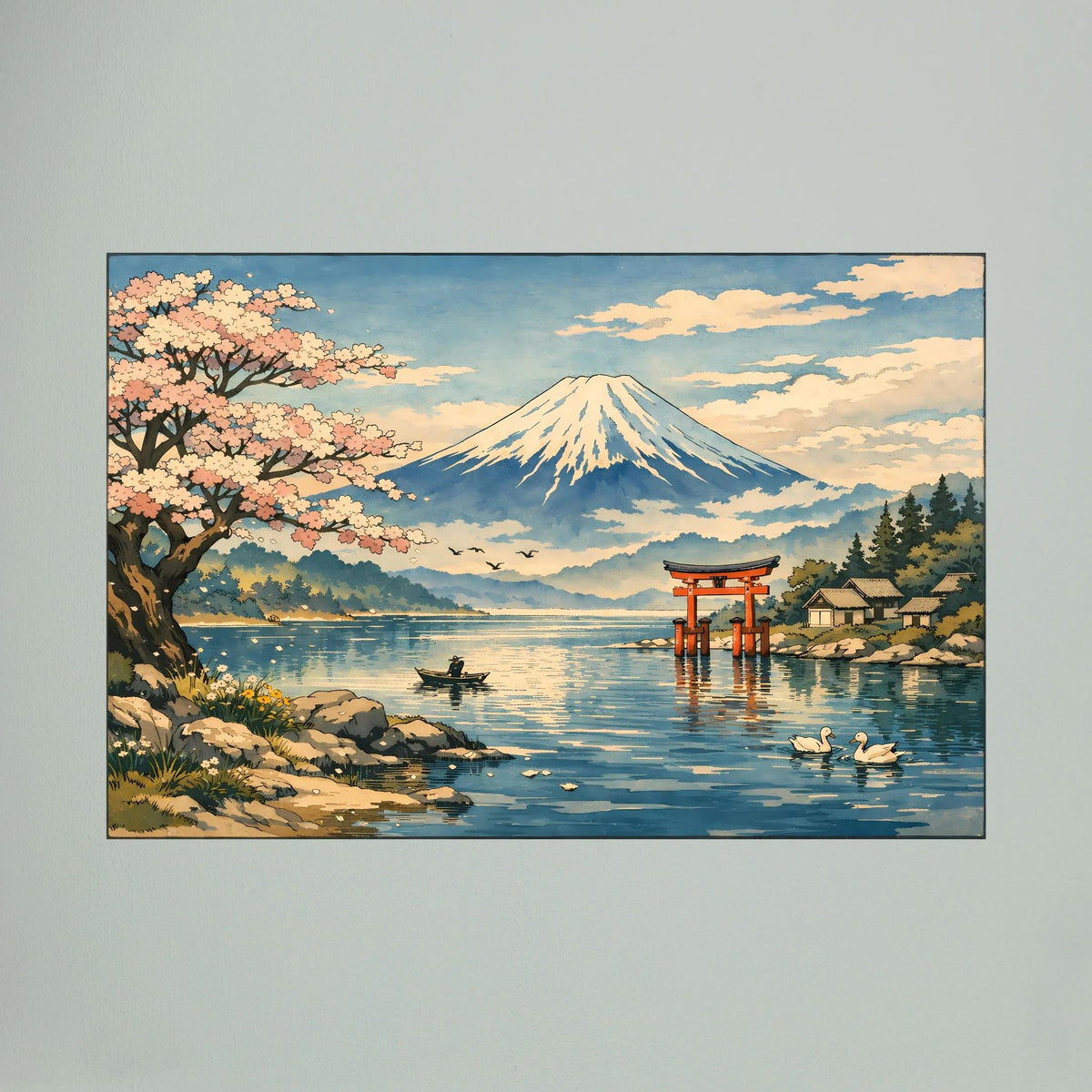 Querformatiges Wandbild mit Fuji über Kirschblüten am See und Torii, schwarzer Rahmen
