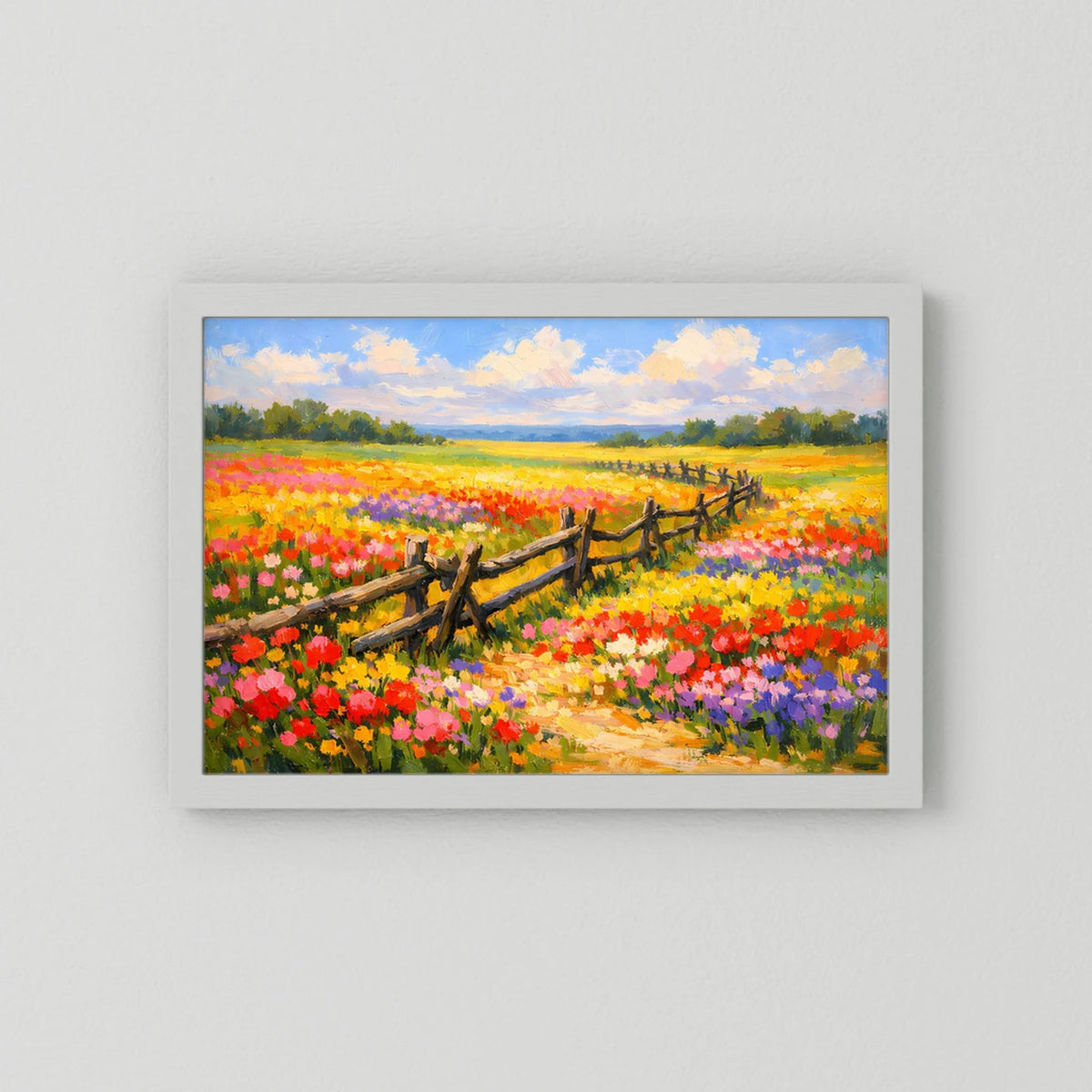 Wandbild im Querformat mit weißem Rahmen: farbenfrohe Blumenwiese und Zaun