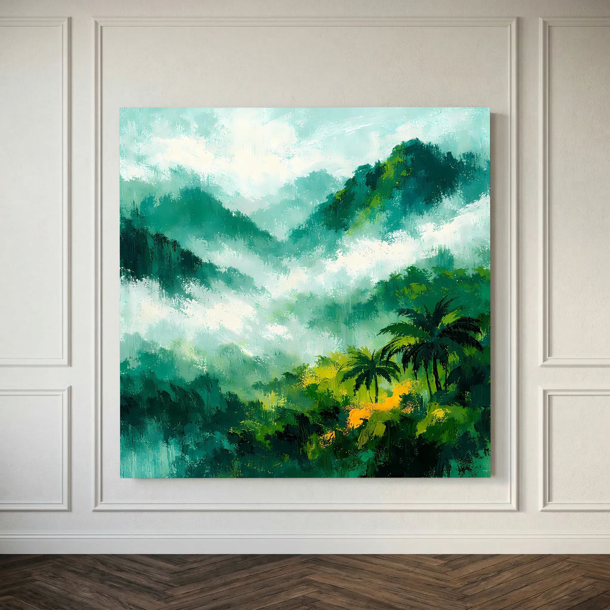 Leinwand-Wandbild im Quadratformat mit Palmen, Nebelwolken und grünen Gebirgskonturen