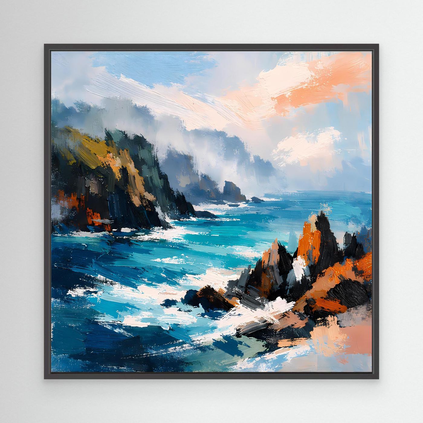 Leinwand-Wandbild mit abstrakter Steilküste und Meer im schwarzen Rahmen