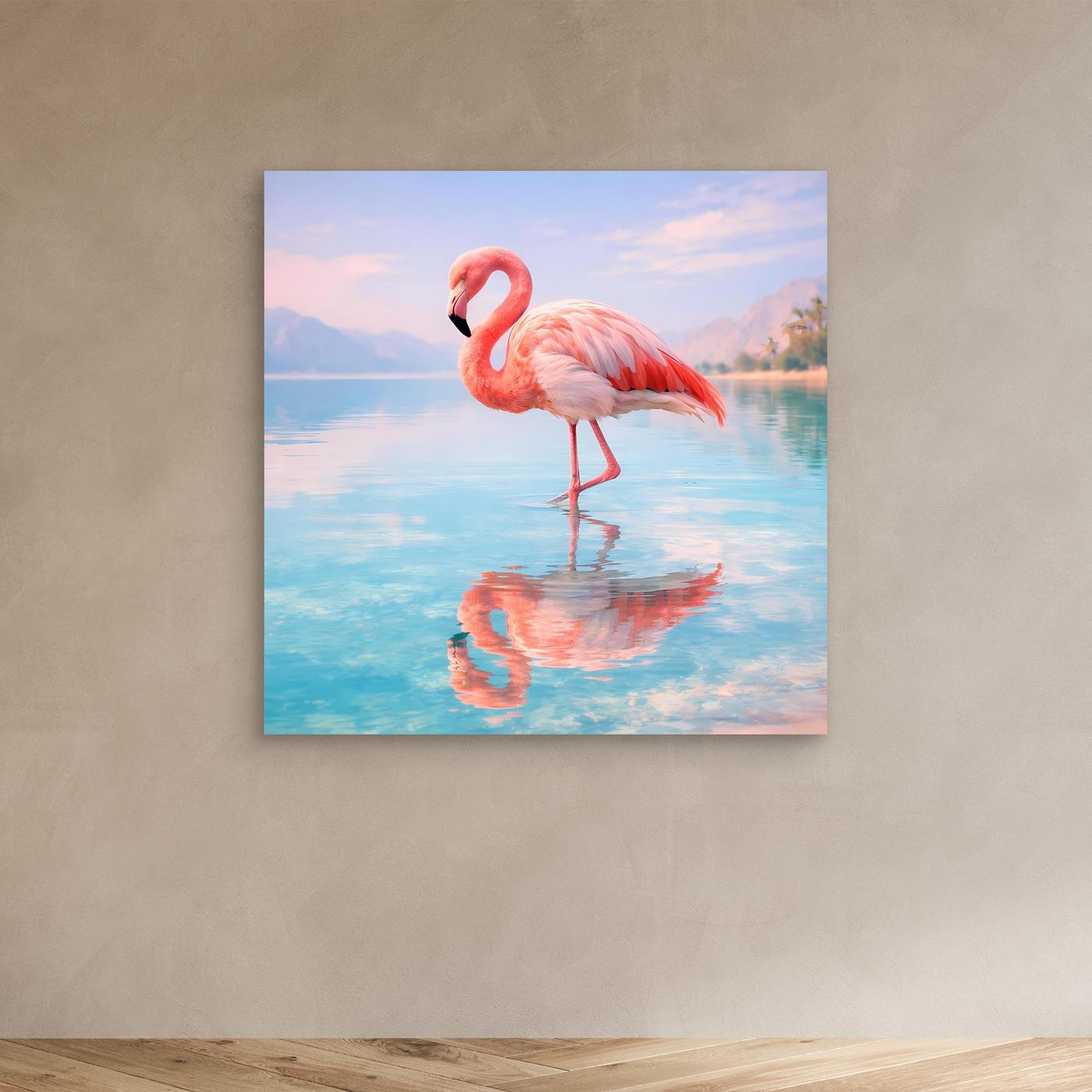 Wandbild mit Flamingo am See, ohne Rahmen