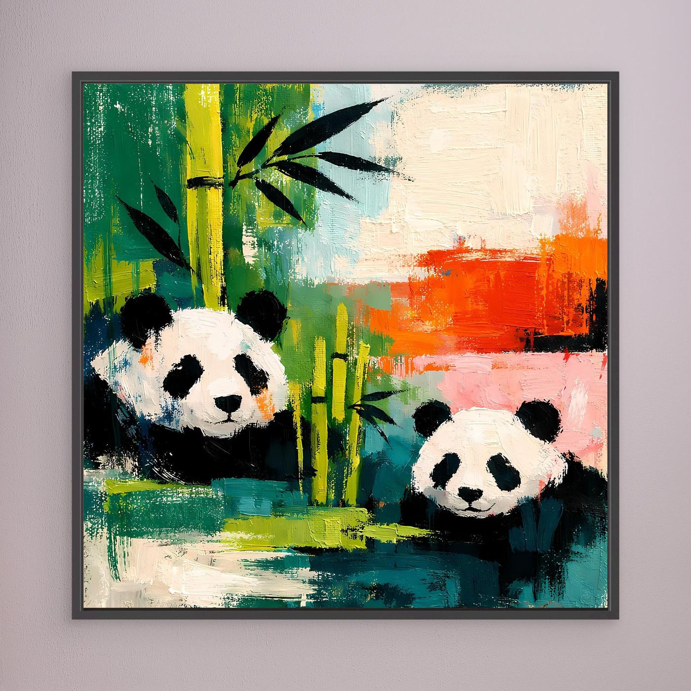 Framed canvas wall art with two pandas and bamboo in colorful abstract brushstrokes