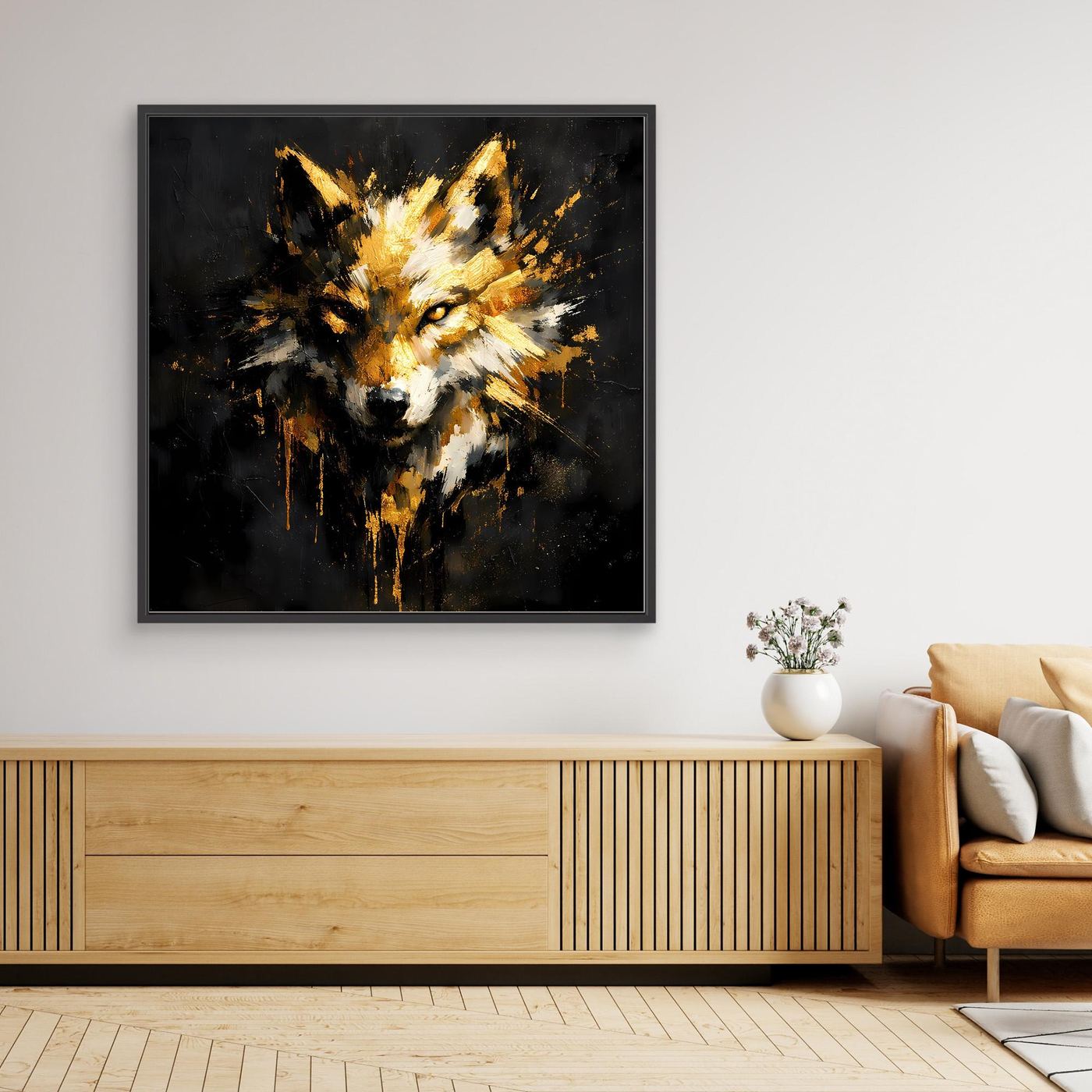 Leinwand Goldener Wolfskopf | Abstraktes Wildtier Wandbild Modern
