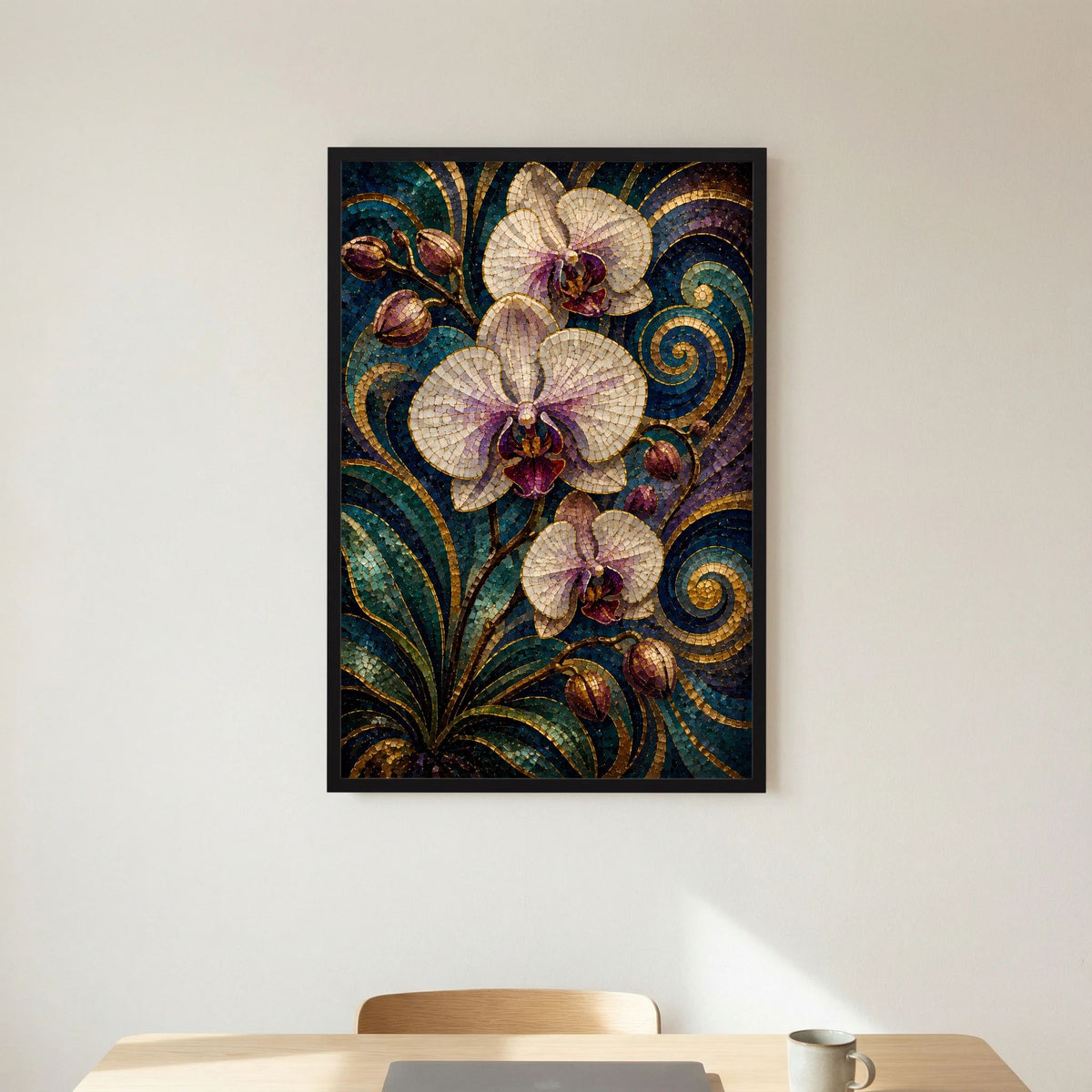 Orchideen-Poster im Hochformat mit schwarzem Rahmen, Mosaikstil in türkis und Gold