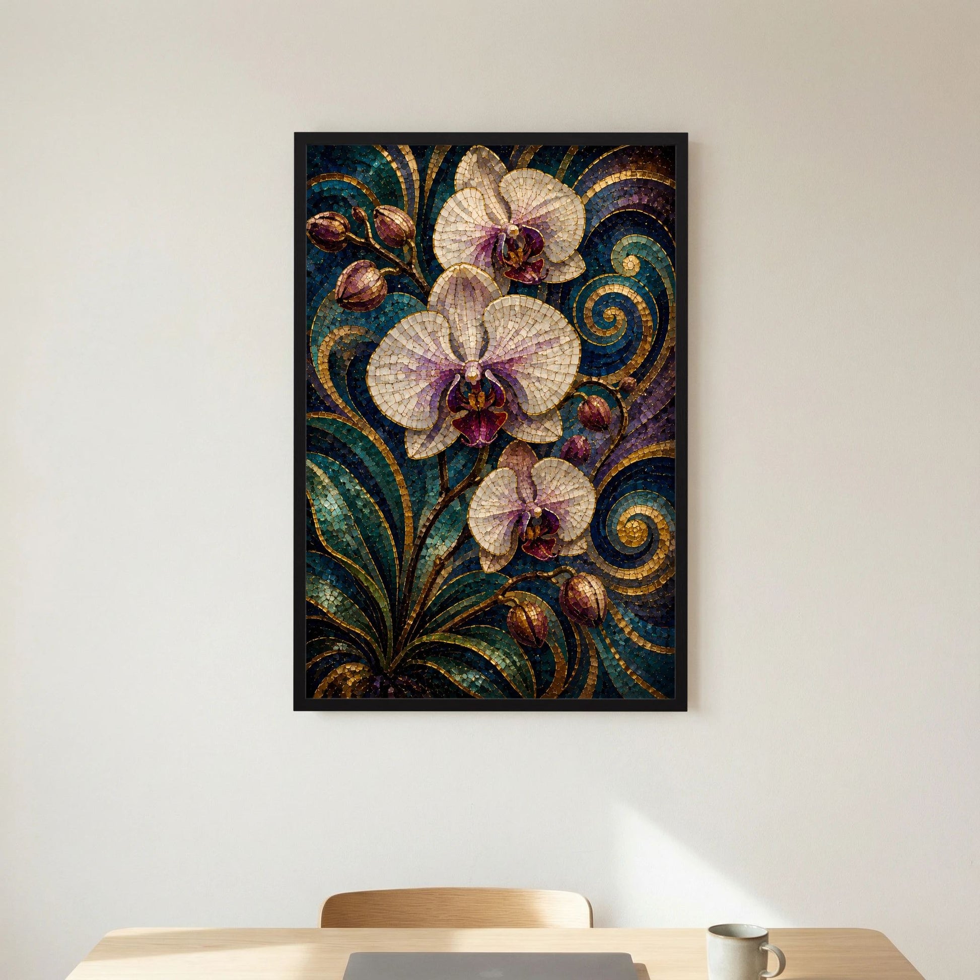 Orchideen-Poster im Hochformat mit schwarzem Rahmen, Mosaikstil in türkis und Gold