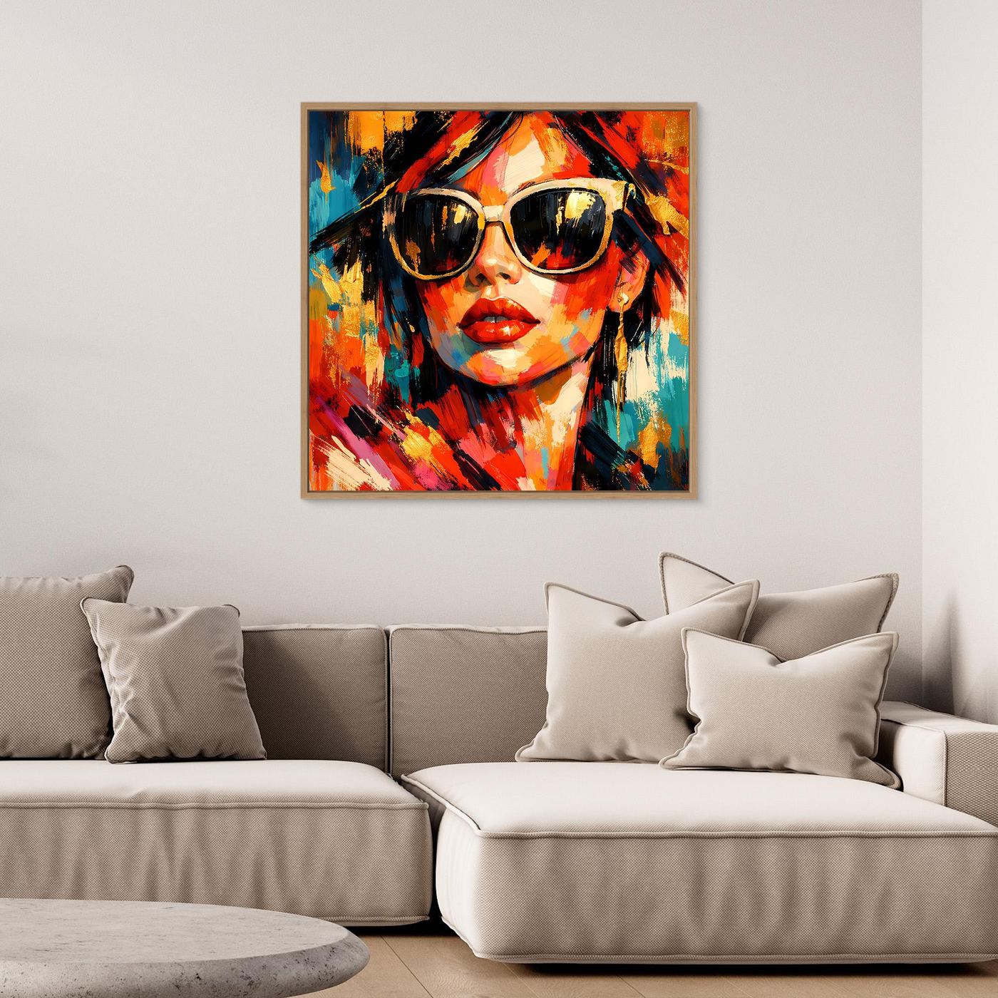 Gerahmtes Leinwandbild: halbnahes Porträt einer Frau mit Sonnenbrille, Pop-Art, bunt