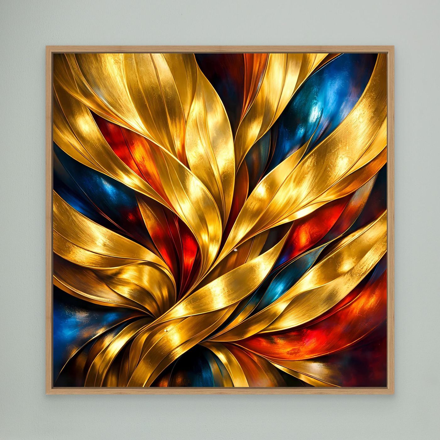 Leinwandbild mit abstraktem goldenem Wellenmotiv, Eichenrahmen, Rot- und Blautöne