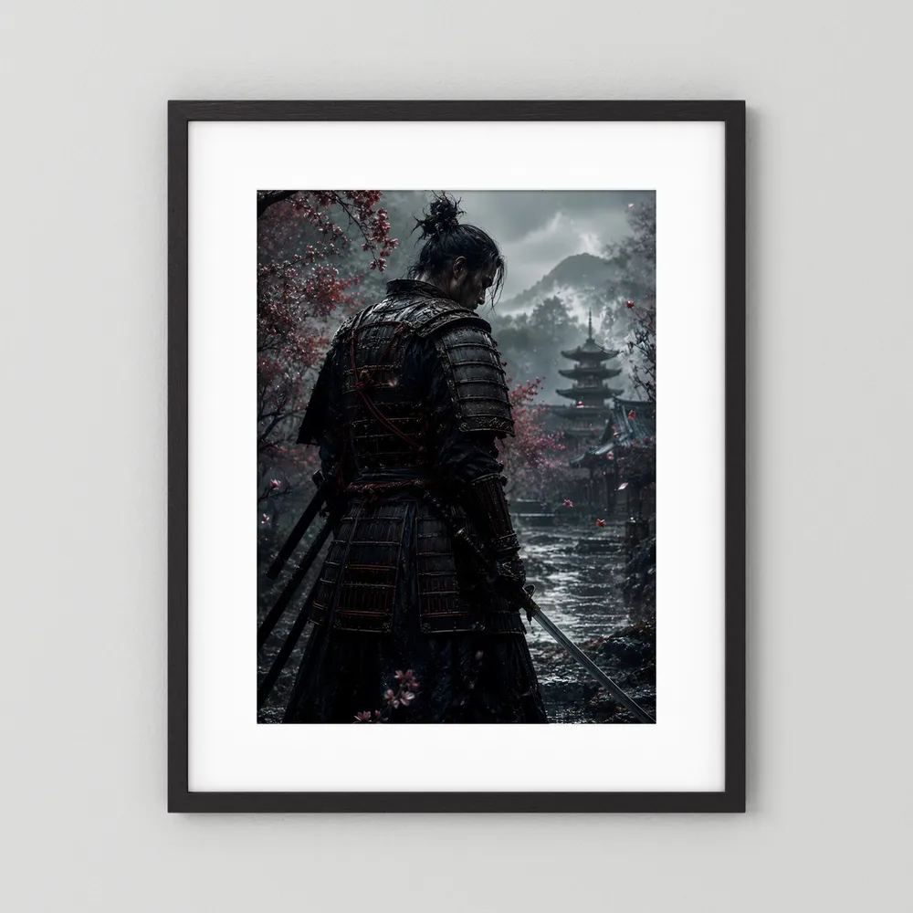 Schwarz gerahmtes Hochformat-Poster mit Samurai-Rückansicht, Schwert und Pagode im Nebel.
