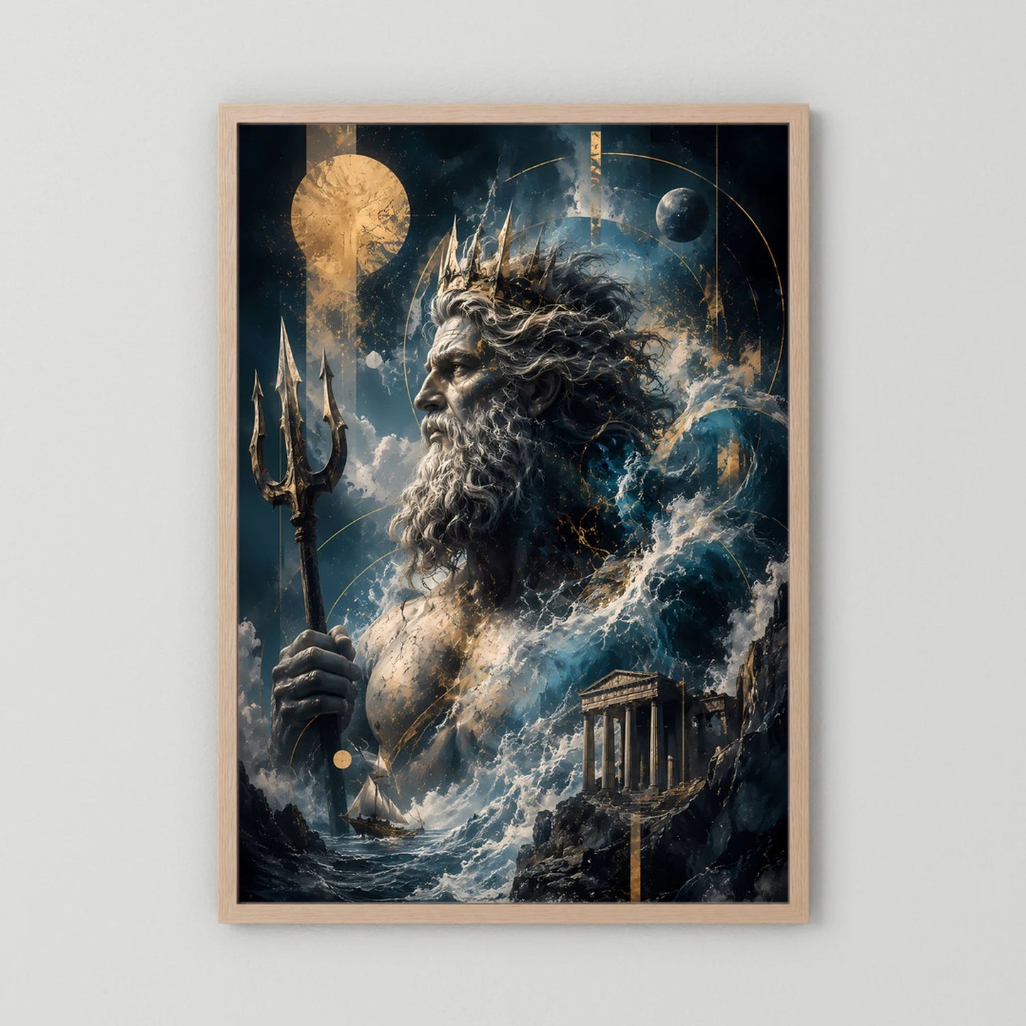 Hochformat-Poster: bärtiger Meeresgott mit Dreizack und Wellen, im hellem Holzrahmen