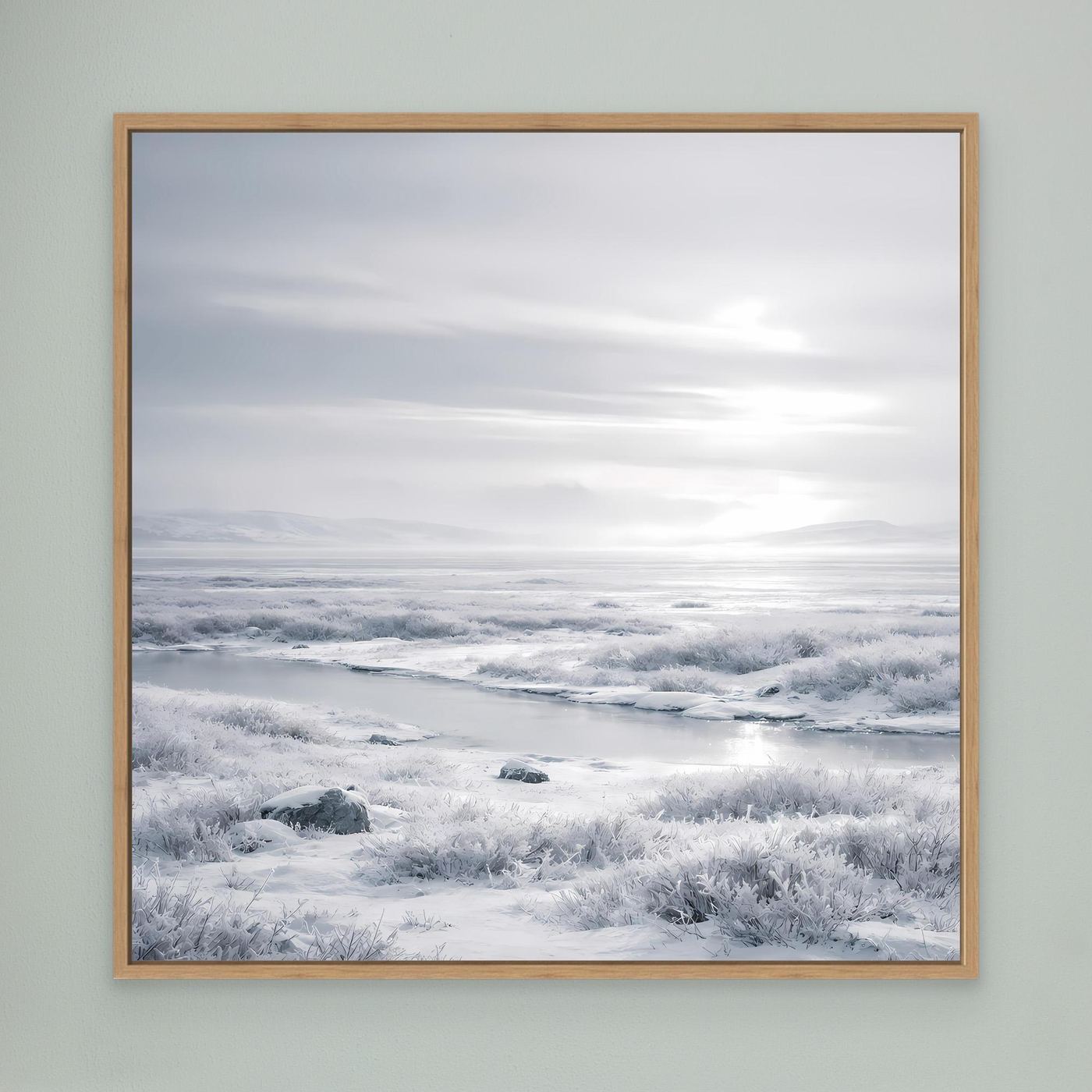 Leinwandbild mit verschneiter Winterlandschaft, Holzrahmen (Eiche)