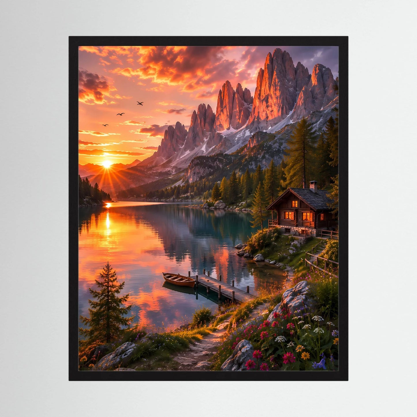 Gerahmtes Hochformat-Poster mit Bergsee, Sonnenuntergang und beleuchteter Berghütte