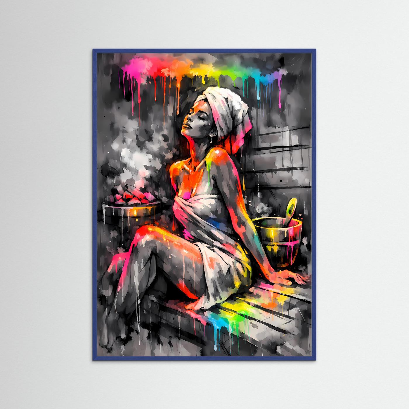 Oase der Entspannung | Modernes Sauna-Poster mit Regenbogen-Farbspritzern | Abstraktes Kunstposter Hochformat