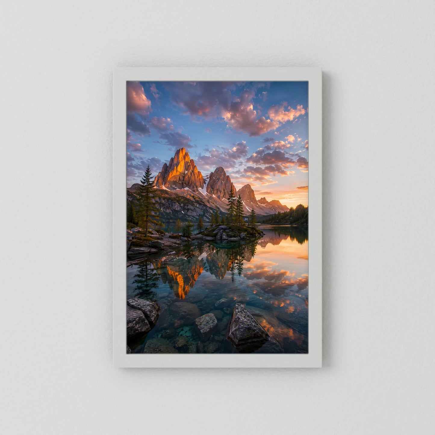 Bergsee im Sonnenuntergang | Leuchtende Berglandschaft mit Spiegelung | Poster Hochformat