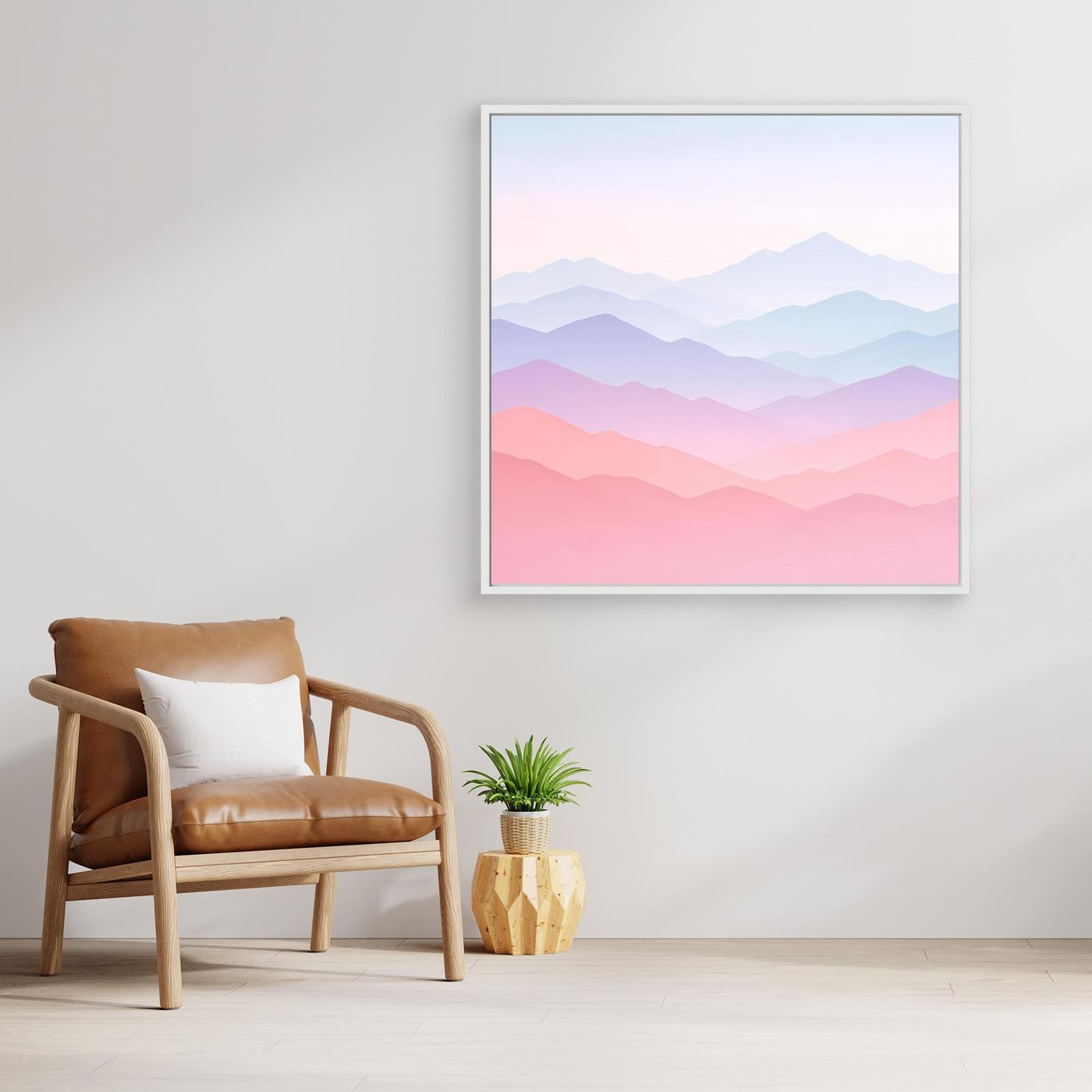 Leinwandbild mit pastellfarbenem Bergpanorama im weißen Rahmen