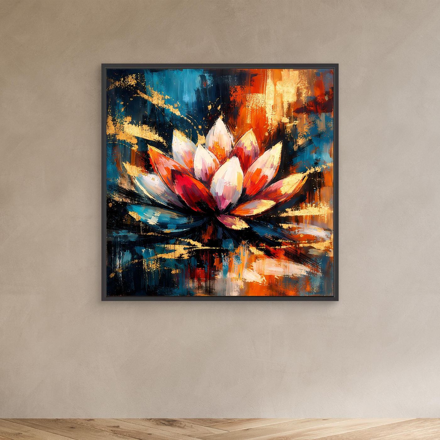 Leinwandbild mit abstrakter Lotusblüte in Blau, Rot und Gold im schwarzen Rahmen