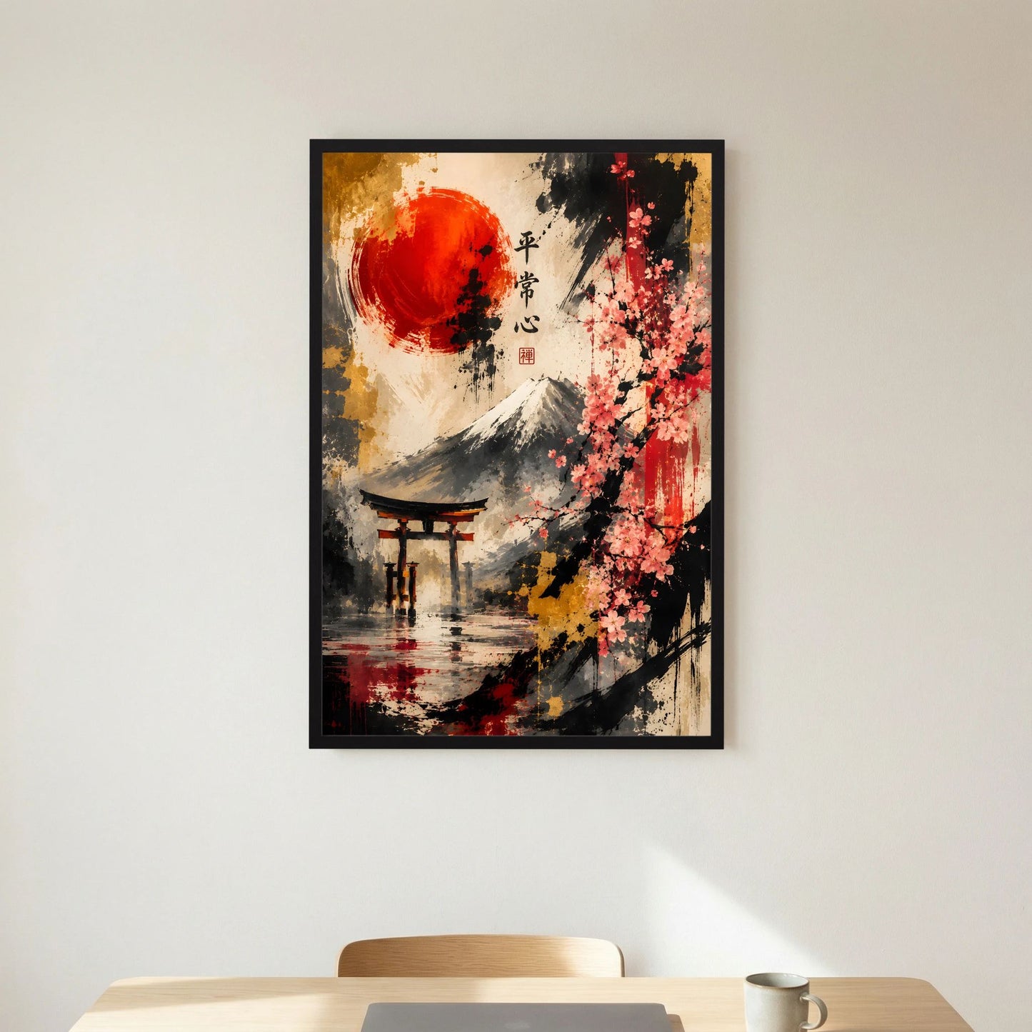 Abstraktes Fuji-Poster mit Kirschblüten, roter Sonne und rotem Schriftzeichen-Detail