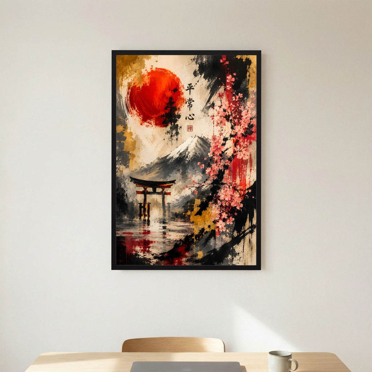 Abstraktes Fuji-Poster mit Kirschblüten, roter Sonne und rotem Schriftzeichen-Detail