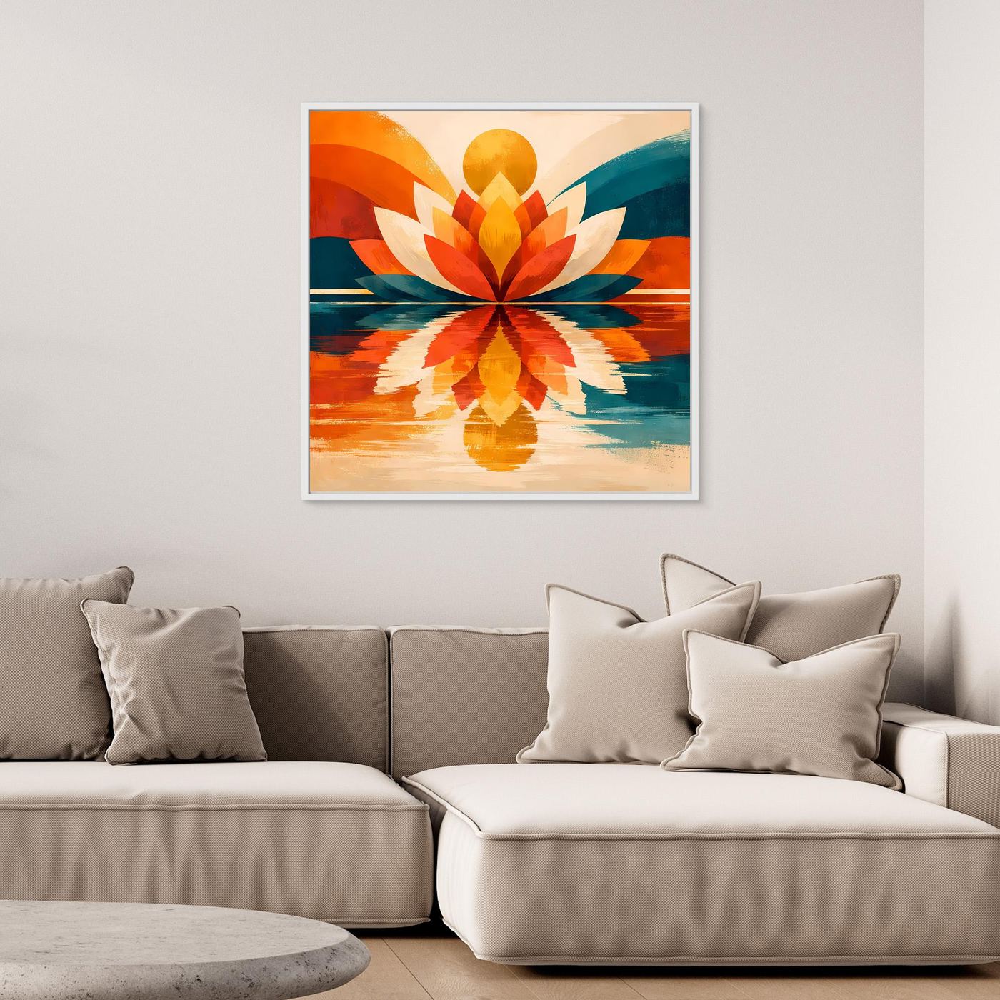Gerahmtes Lotus-Leinwandbild, abstrakt symmetrisch; weiße Akzente und leuchtendes Orange