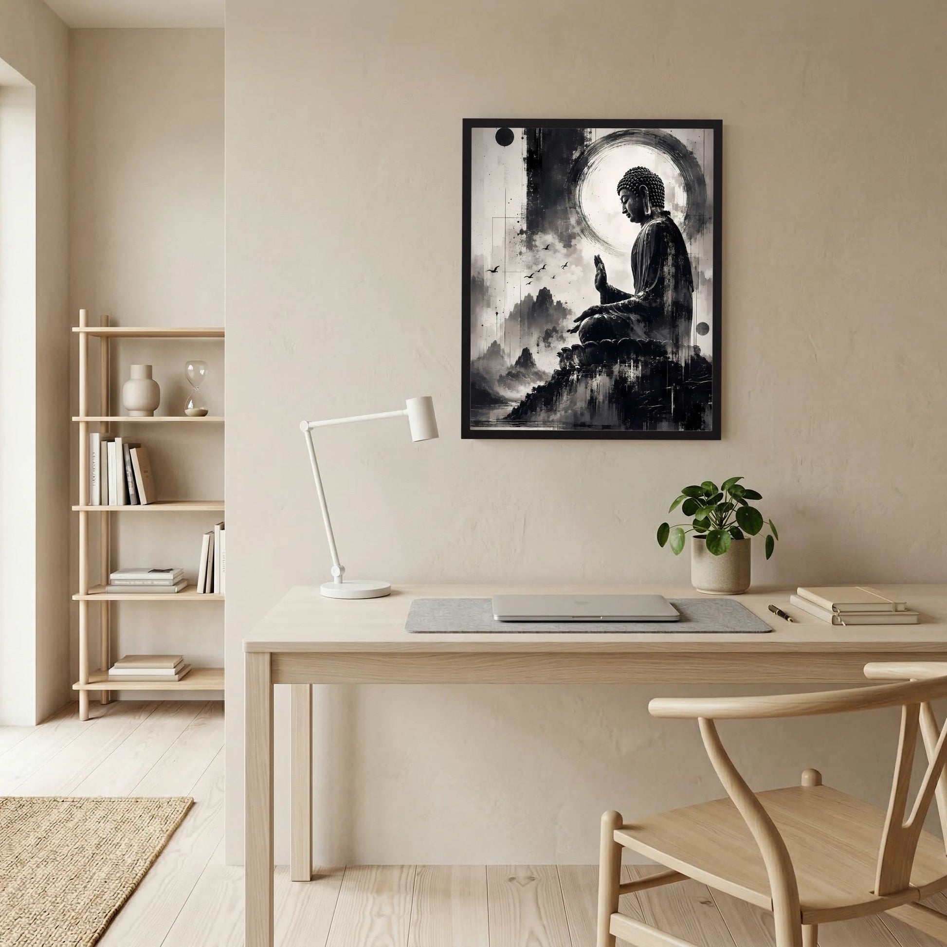 Schwarzweißes Buddha-Zen-Poster im schwarzen Rahmen über einem Schreibtisch