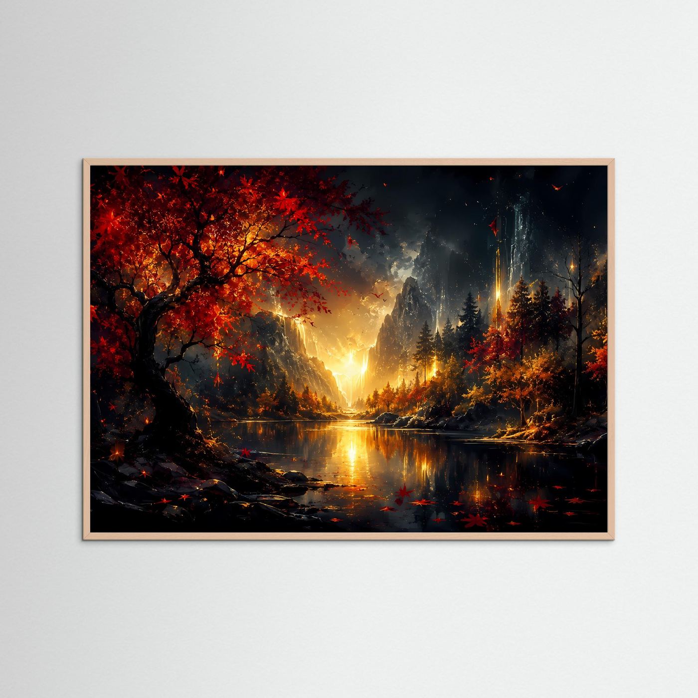 Magischer Herbstwald mit Wasserfall | Goldene Landschaft in Rot & Schwarz