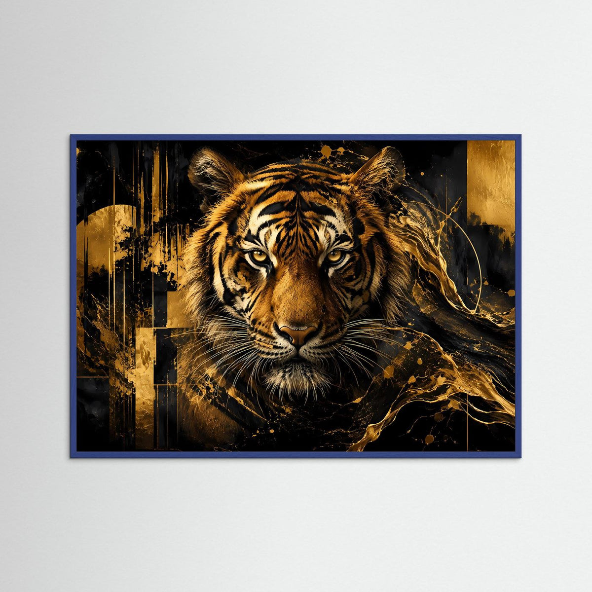 Poster im Querformat mit Tiger in Schwarz und Gold, mit blauem Rahmen