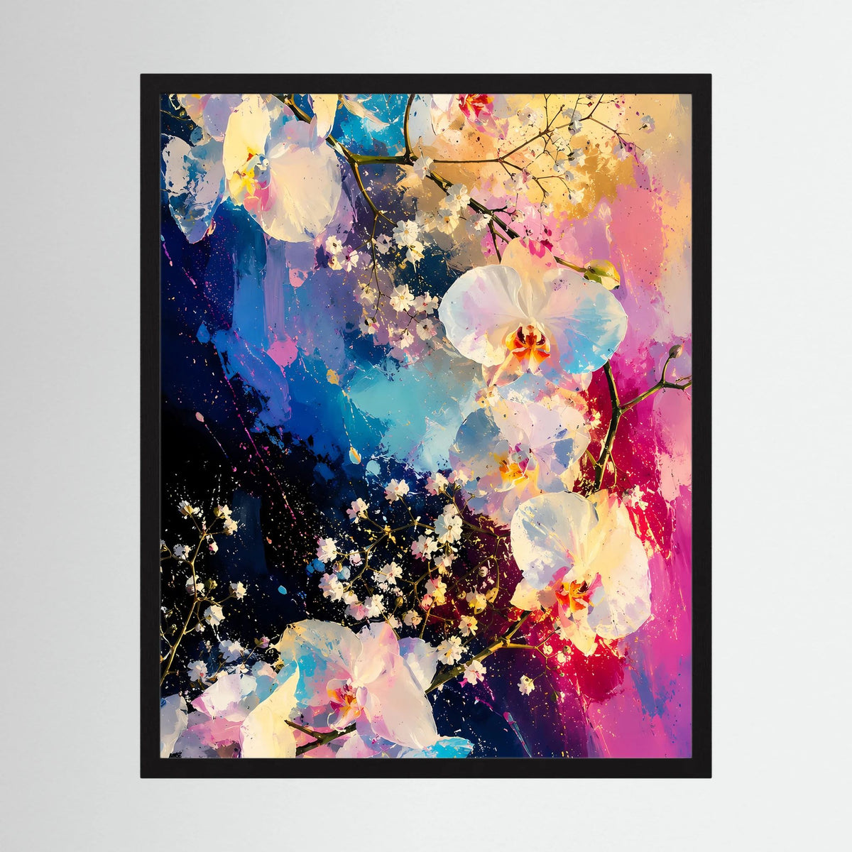 Abstraktes Orchideen-Poster mit schwarzem Rahmen, hochformatig, Blütenmotiv in Rosa und Blau