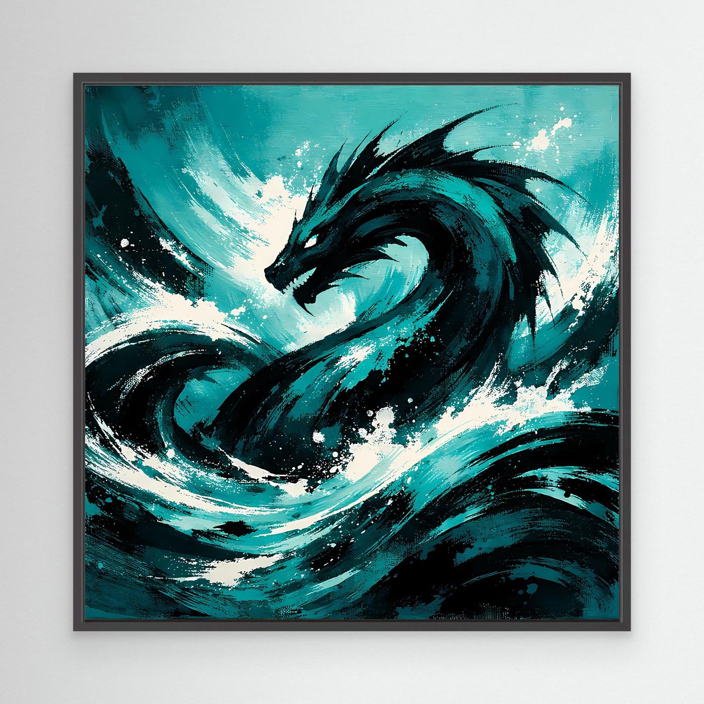 Abstraktes Ozean-Wandbild mit Seemonster-Drachen in Türkis/Schwarz, schwarzer Rahmen