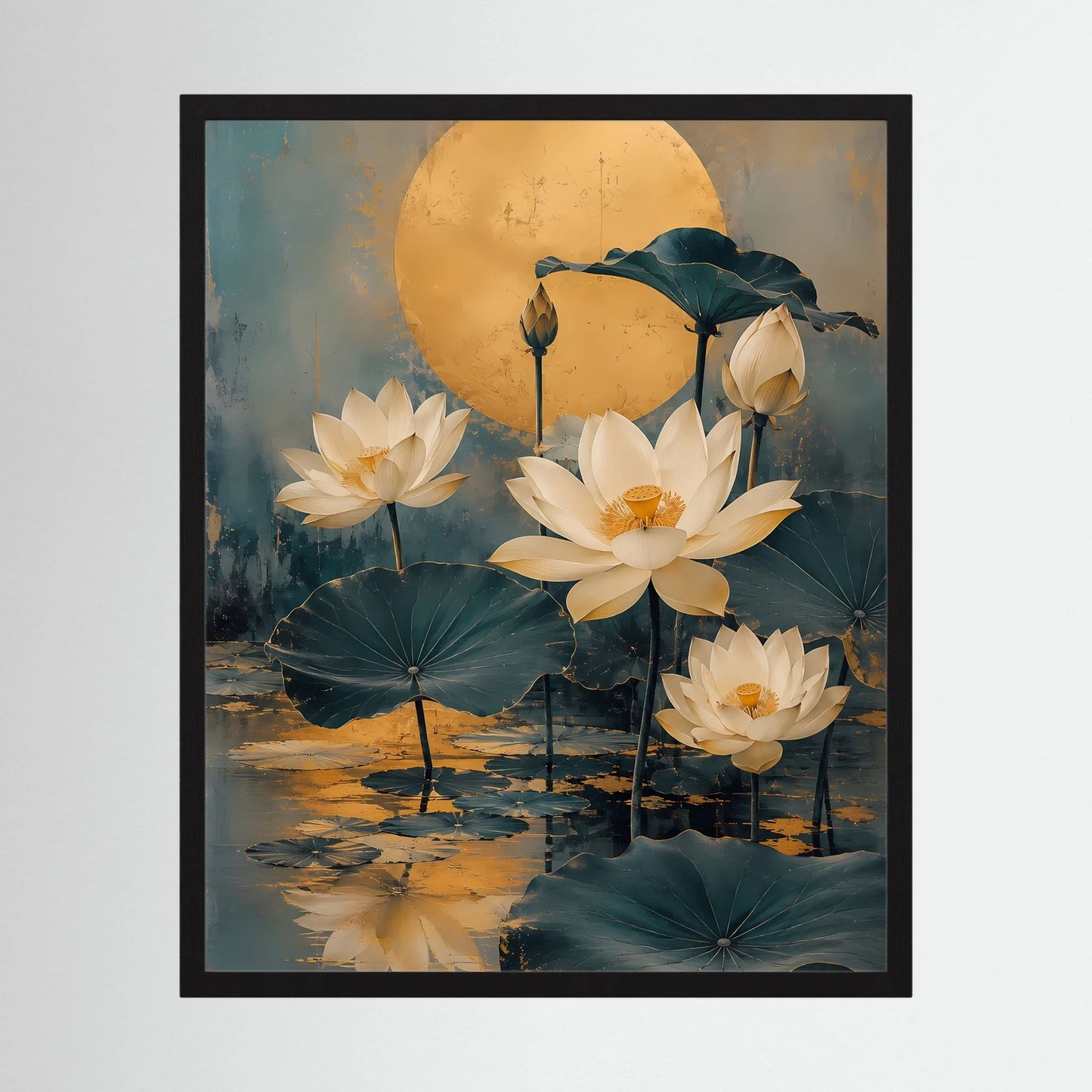 Hochformat-Poster mit schwarzem Rahmen: weiße Lotusblüten, goldene Mondsichel, Seerosen