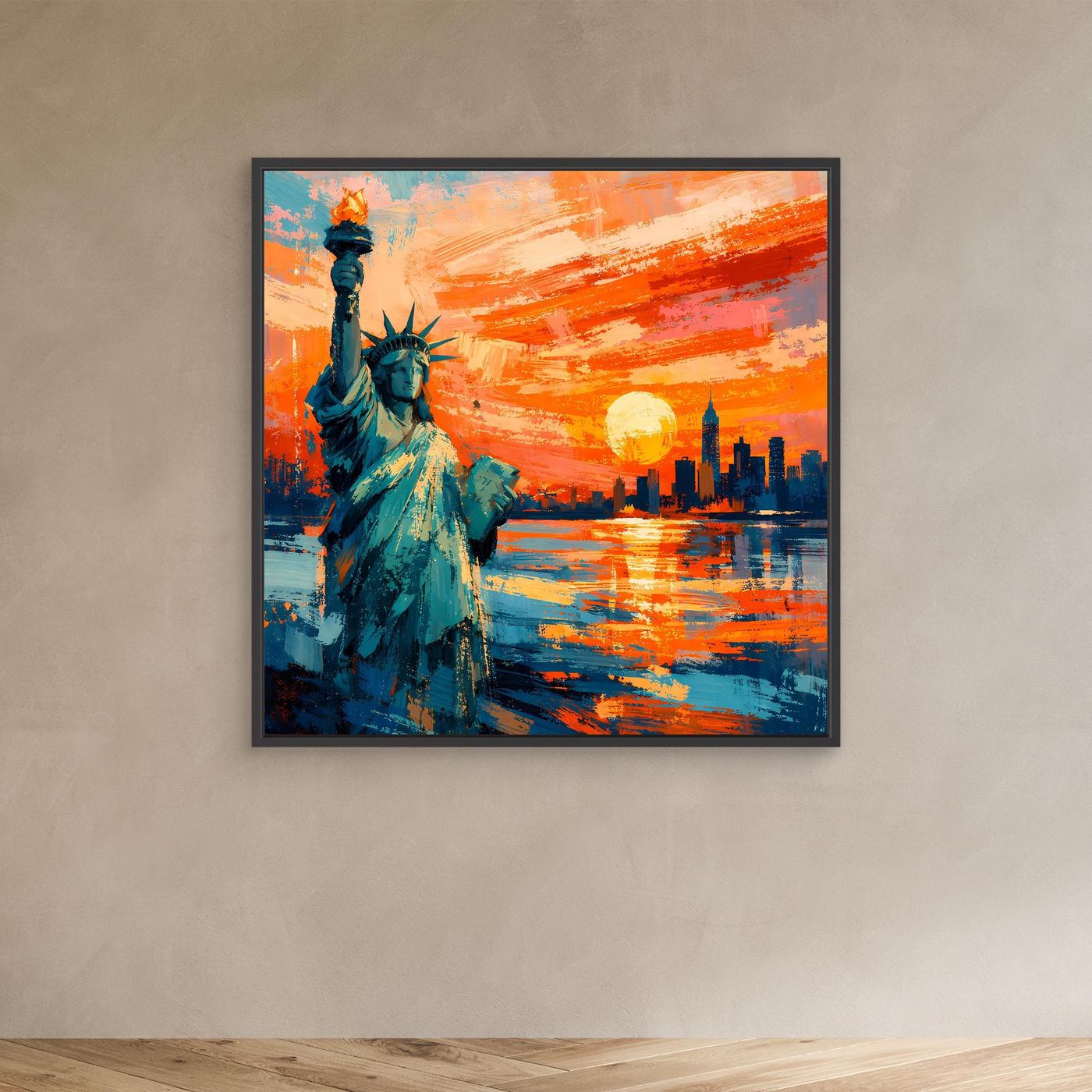 Leinwand-Wandbild mit Freiheitsstatue, blaugrün, orange-roter Himmel und gelbe Sonne, schwarzer Rahmen