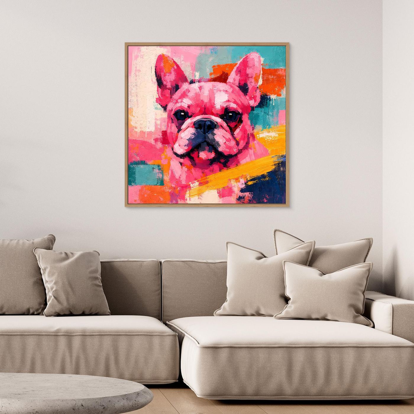 Gerahmtes Leinwandbild mit farbenfroher Französischer Bulldogge im Pop-Art-Stil