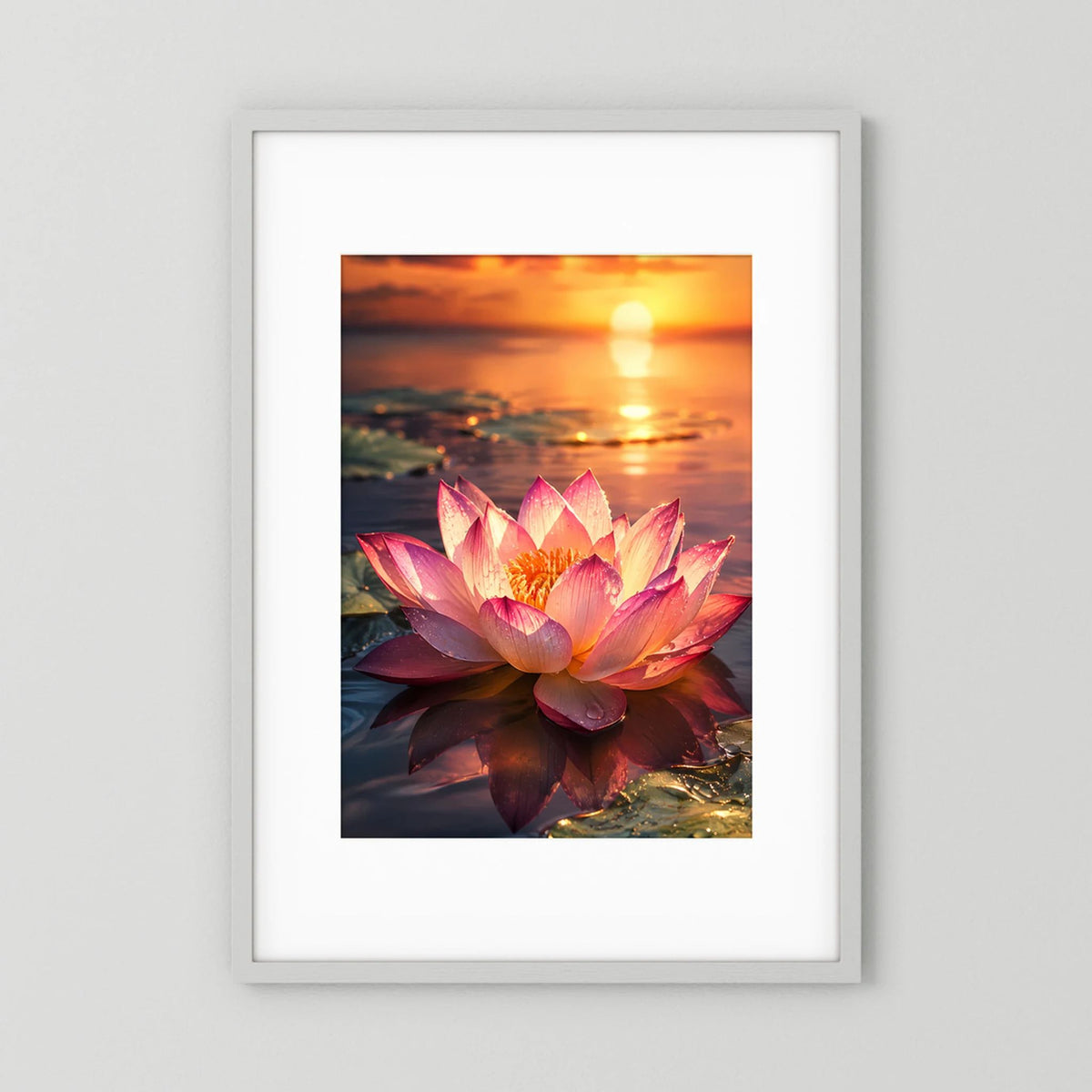 Hochformat-Poster mit rosa Lotusblüte im Sonnenuntergang, Sonnenreflexe im Wasser