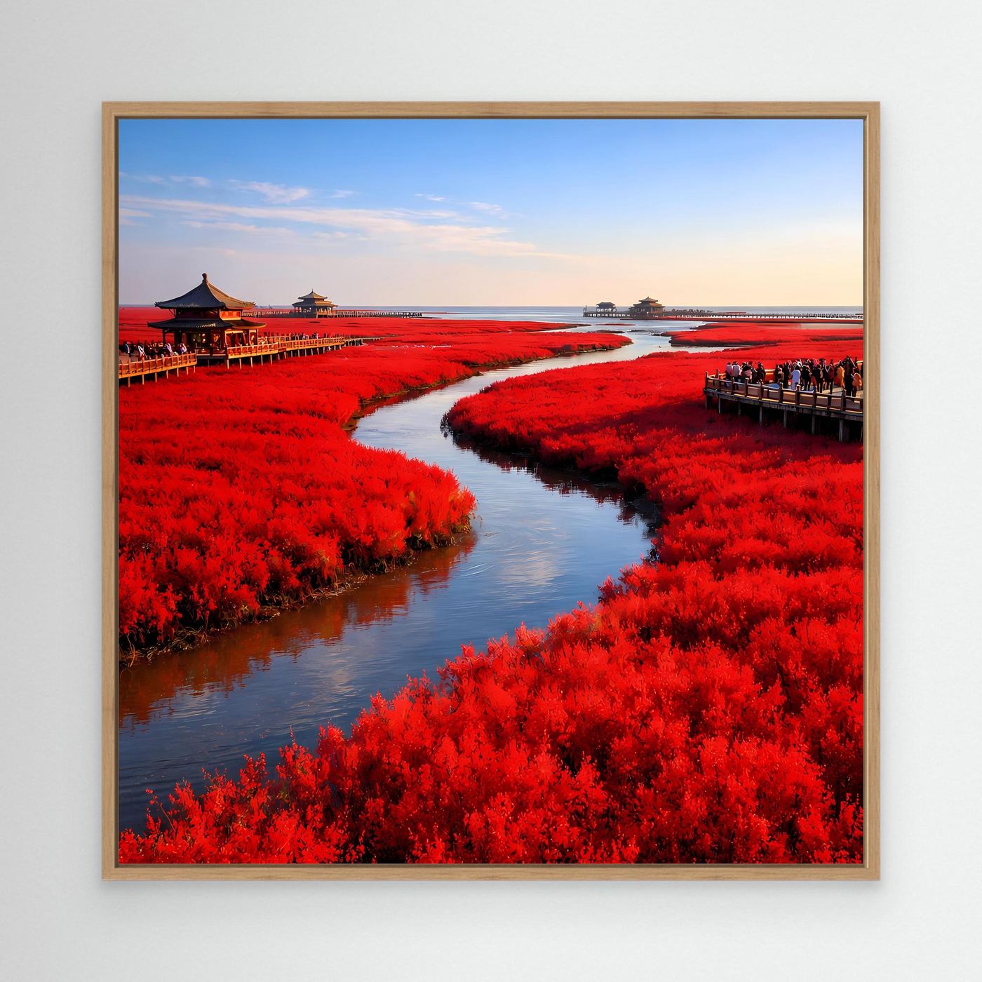 Leinwandbild mit Eichenrahmen: roter Fluss, rote Pflanzen, Stege und Pagode am Ufer