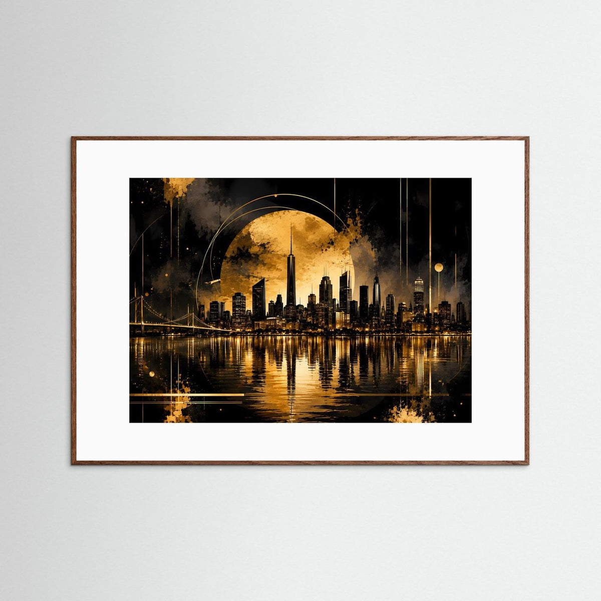 Querformat-Poster in braunem Rahmen mit gold-schwarzer Skyline und Wasserspiegelung