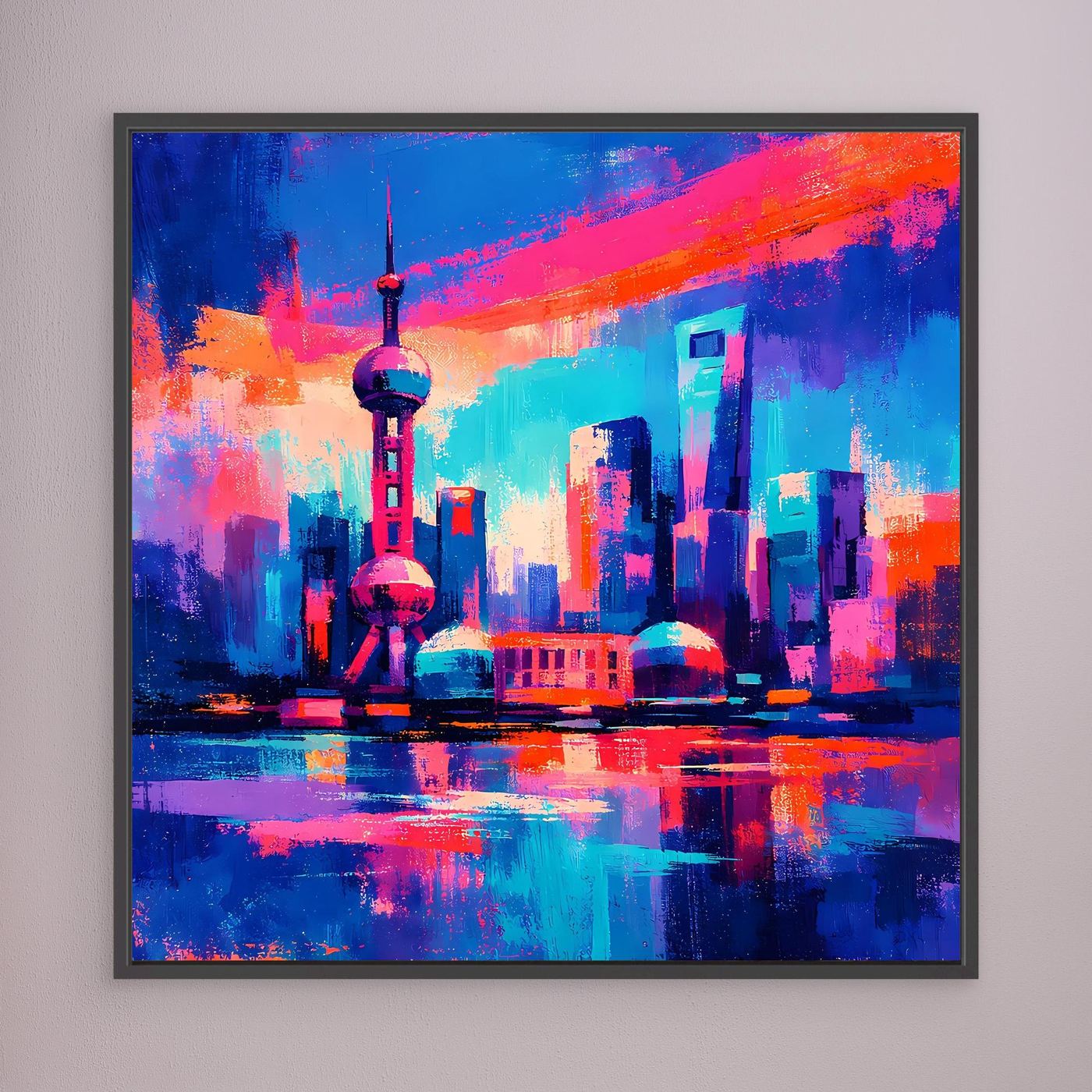 Wandbild mit abstrakter Neon-Stadtansicht und Reflexionen, schwarz gerahmt