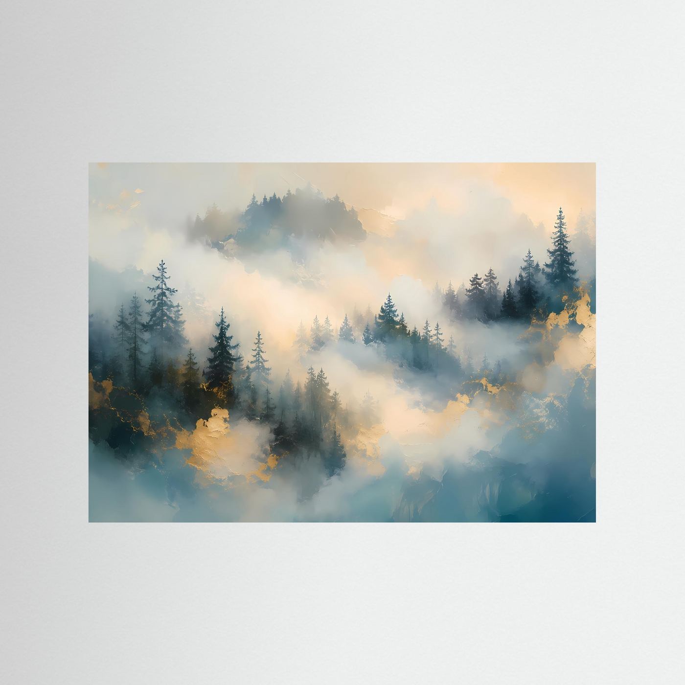 Nebelwald Poster | Mystischer Wald Wandbild | Abstrakte Landschaftskunst in Gold und Blau