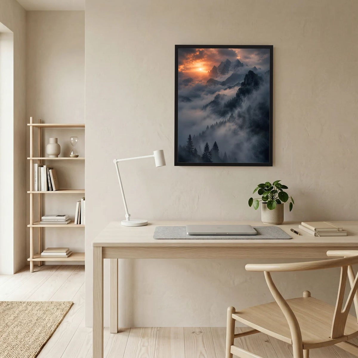 Hochformatiges Wandposter im schwarzen Rahmen mit Berglandschaft im Nebel und Sonne