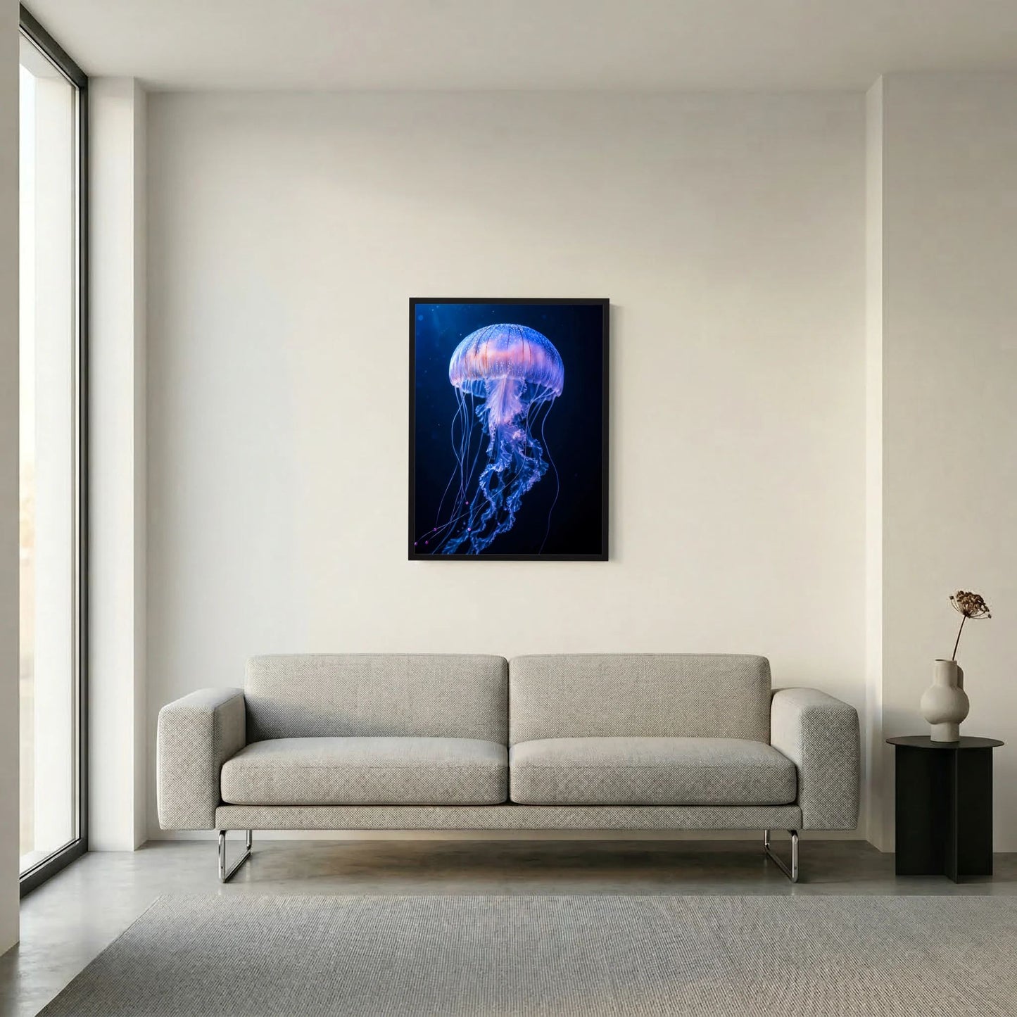 Gerahmtes Poster mit leuchtender Qualle in Blau-Violett an der Wand