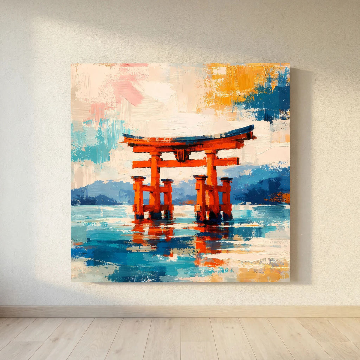 Leinwandbild auf Holzkeilrahmen: abstraktes Torii-Tor in Orange mit Spiegelung auf Wasserfläche