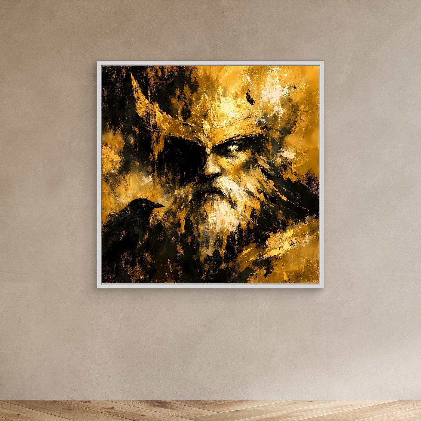 Leinwand Nordischer Gott Odin mit Rabe | Modernes Abstraktes Mythologie Wandbild