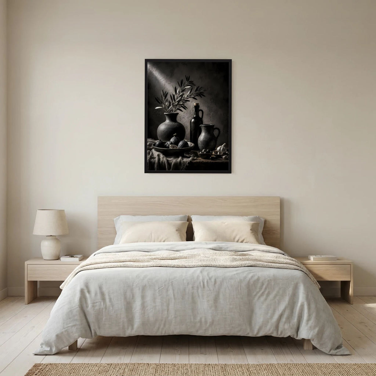Gerahmtes Poster mit schwarzem Stillleben: Olivenzweige, Keramikgefäße und Früchte.
