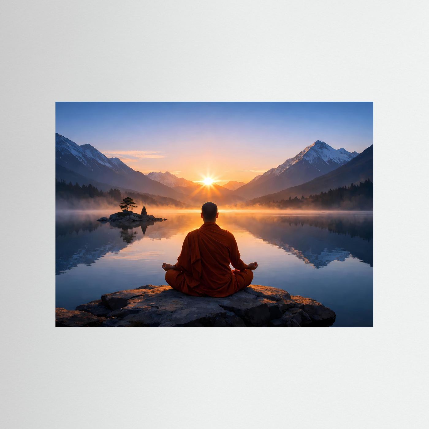 Poster mit meditierendem Mönch auf Felsen am Bergsee zum Sonnenaufgang