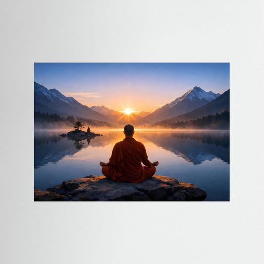 Poster mit meditierendem Mönch auf Felsen am Bergsee zum Sonnenaufgang