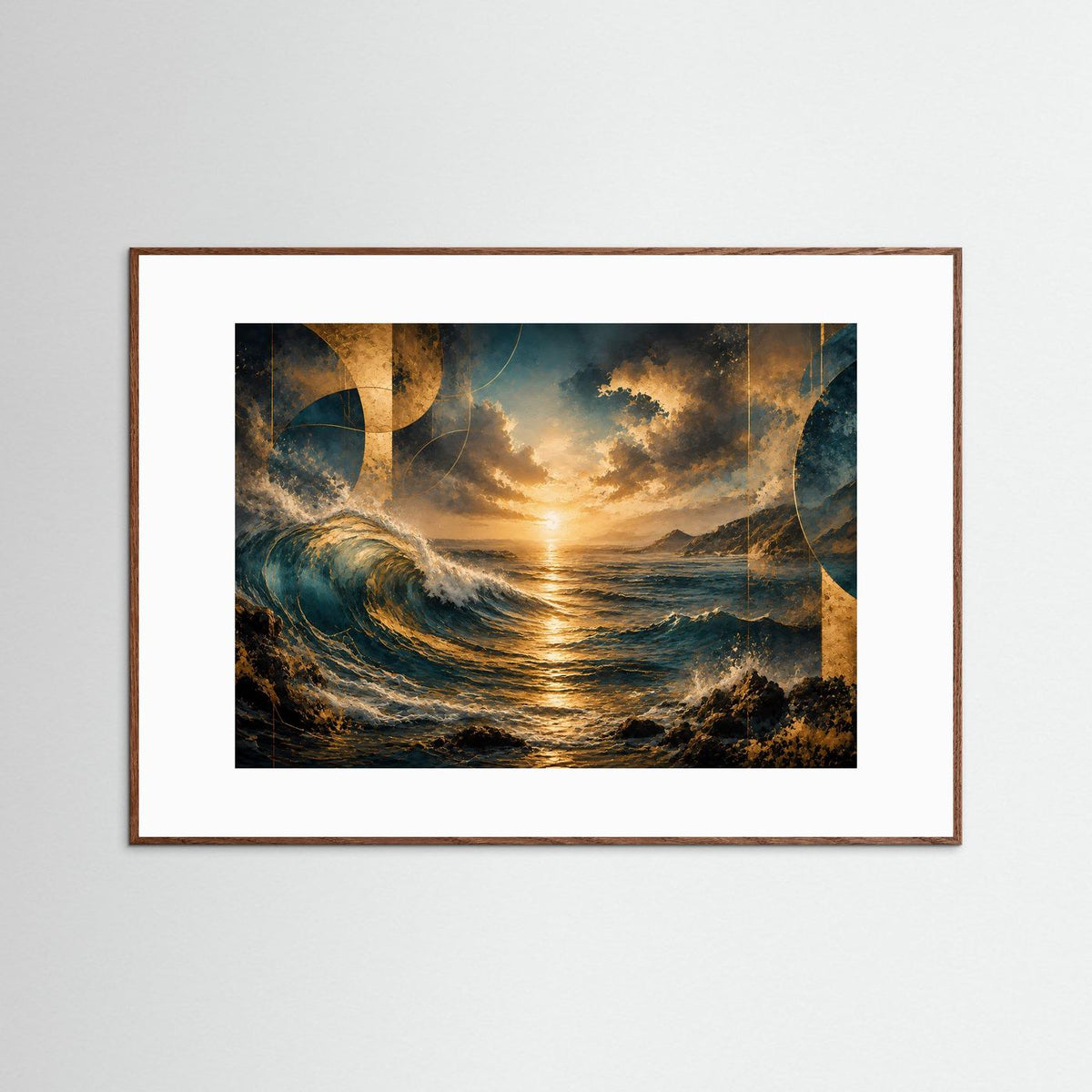 Gerahmtes Poster mit abstrakten Meereswellen und goldener Abendsonne, braunem Rahmen im Querformat