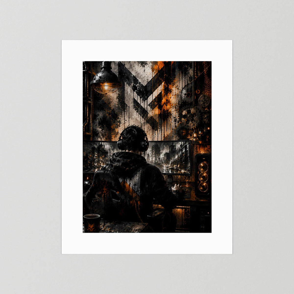 Gamer am PC in Schwarz & Orange | Industrial Gaming Art | Poster Hochformat