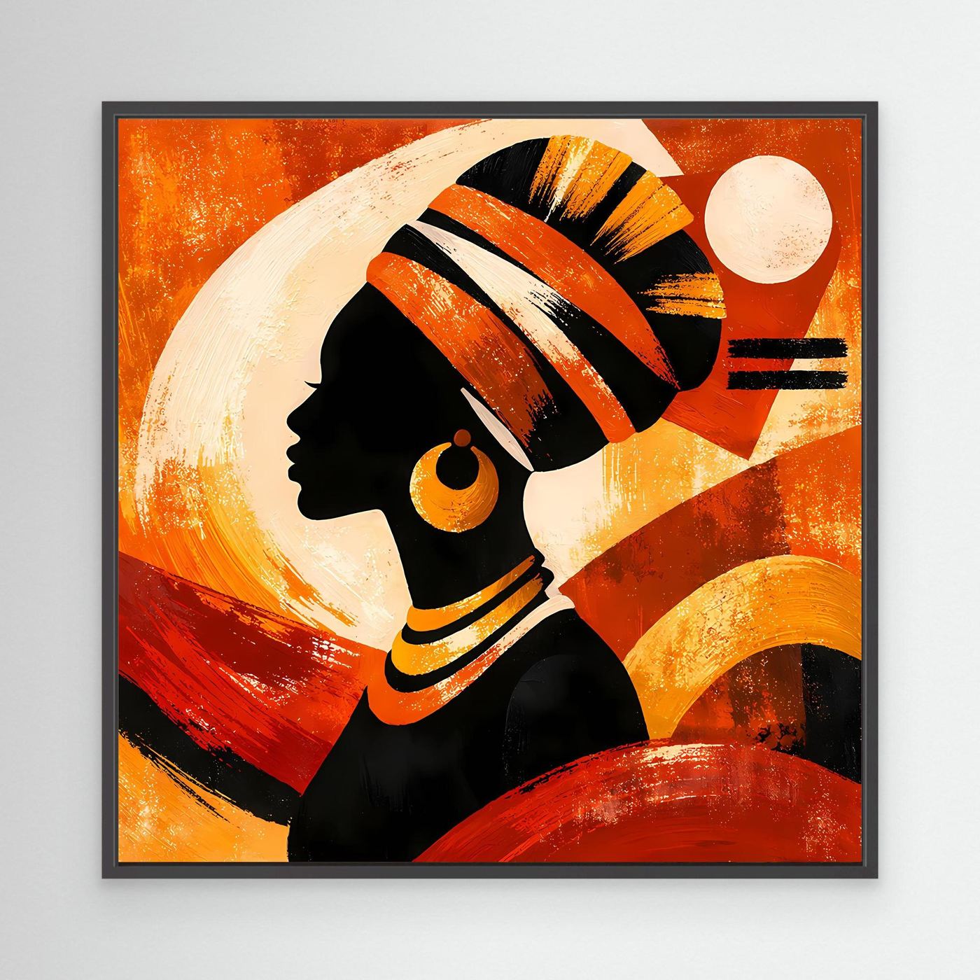 Leinwandbild mit dunklem Rahmen: abstrakte Frauensilhouette in Orange-Gold