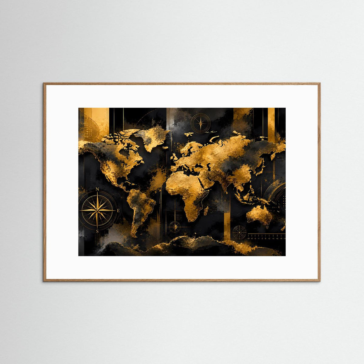 Gerahmte Weltkarte mit goldenen Landmassen auf schwarzem Hintergrund und Kompassrose