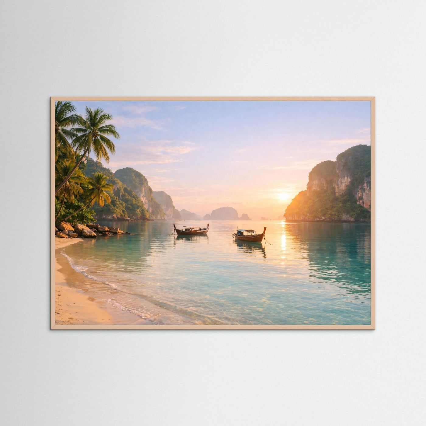 Poster im Querformat mit rosafarbenem Holzrahmen: Sonnenaufgang an tropischer Bucht und Boote