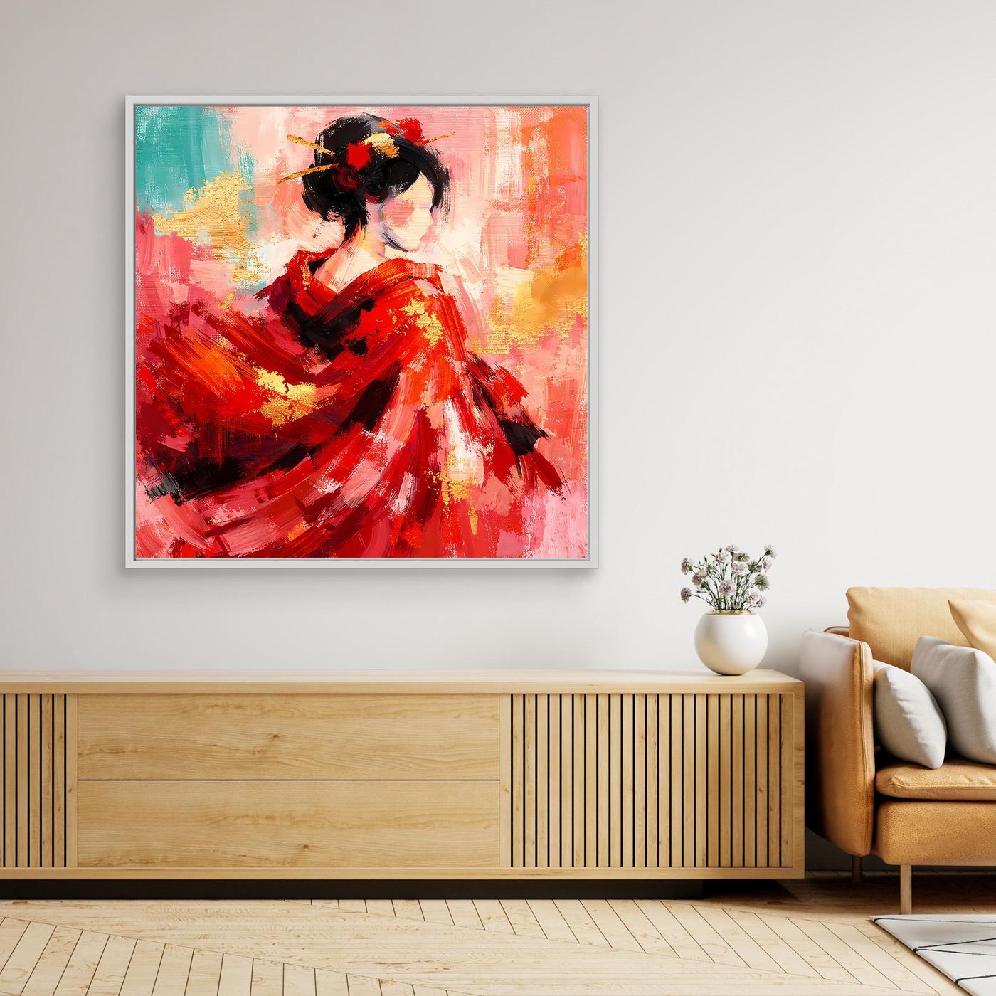 Leinwandbild mit roter abstrakter Geisha im Porträt, weißer Rahmen
