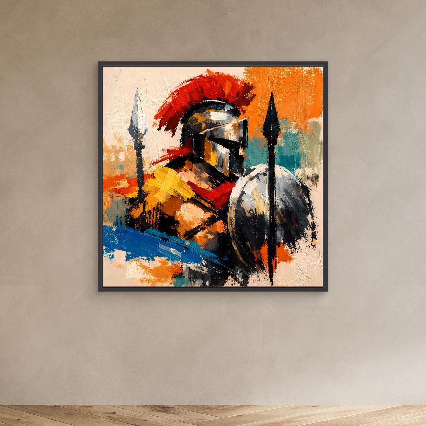 Abstract gladiator canvas wall art with helmet, shield, and spears in red, blue, orange, black frame